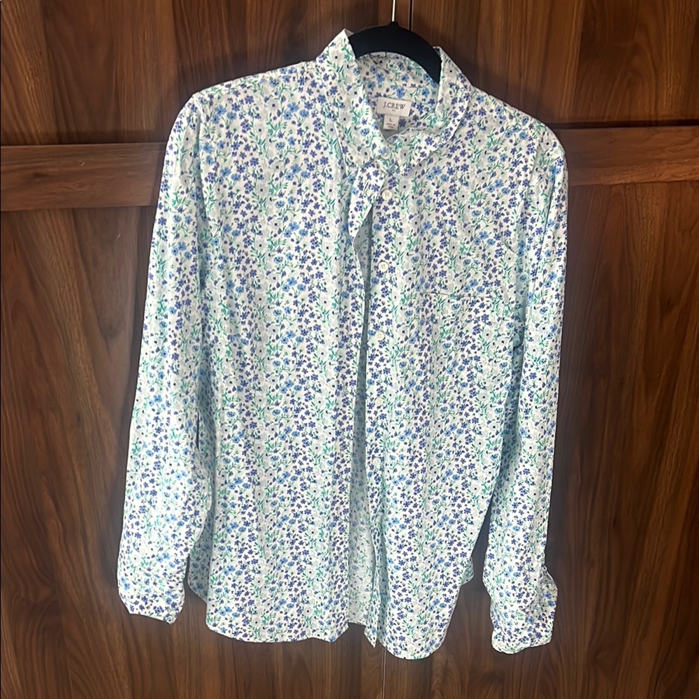 J. Crew Blue and Green Casual Button Down Shirt with Floral Print-LIKE NEW